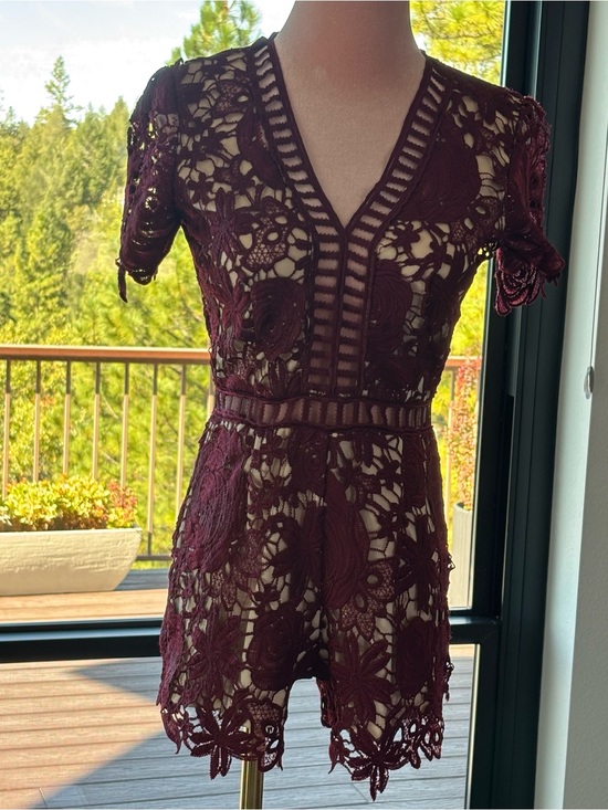 Love By Design Pants - Love X Design Burgundy Floral Lace Romper XS Boho Crochet Cutout